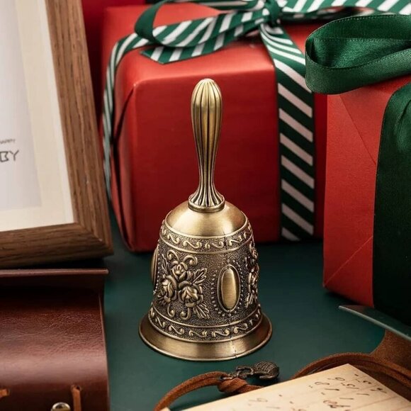 Hand Bell Call Bell Brass Wedding Christmas Bell Floral Design Vintage Style - Picture 4 of 6